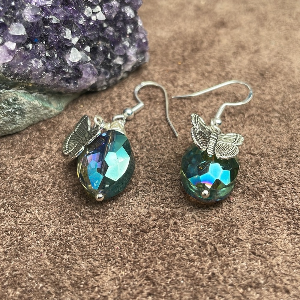 Austrian Crystal With Silver Charm Butterfly Dangling Artisan Earrings - Picture 8 of 13